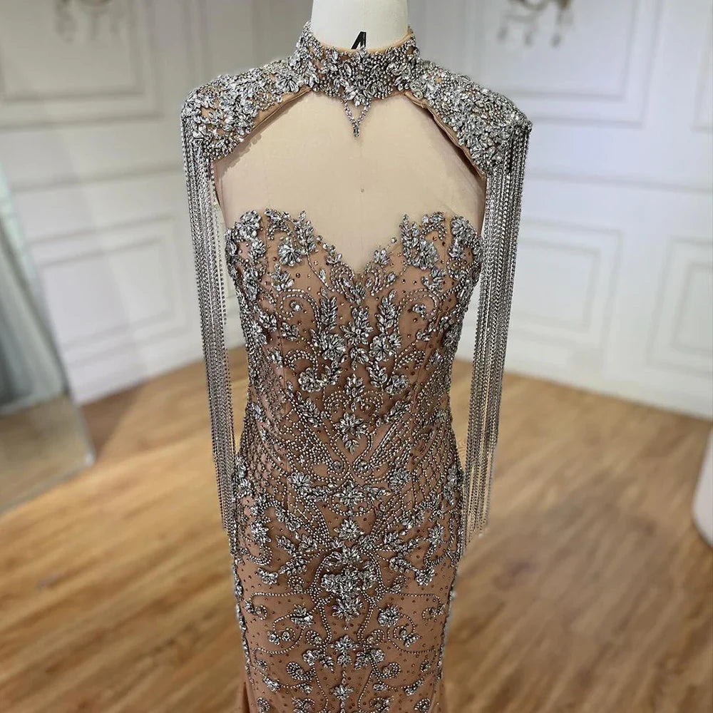 Dubai Caramel Mermaid Tassel Beaded Evening Dress with Cape LA72237A