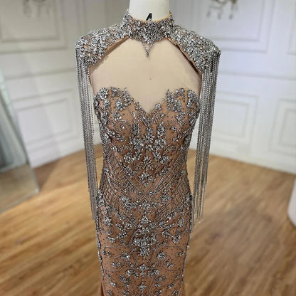 Dubai Caramel Mermaid Tassel Beaded Evening Dress with Cape LA72237A