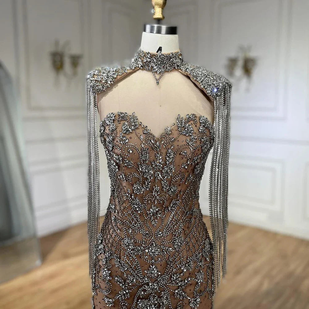 Dubai Caramel Mermaid Tassel Beaded Evening Dress with Cape LA72237A