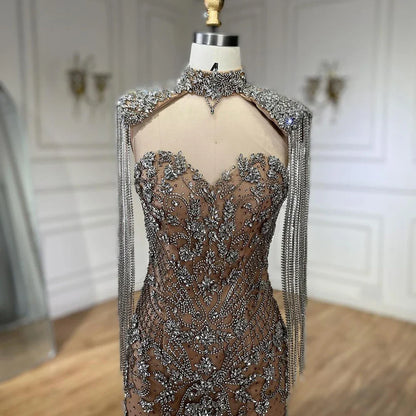 Dubai Caramel Mermaid Tassel Beaded Evening Dress with Cape LA72237A
