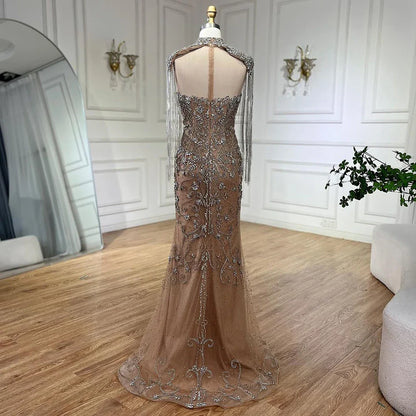Dubai Caramel Mermaid Tassel Beaded Evening Dress with Cape LA72237A