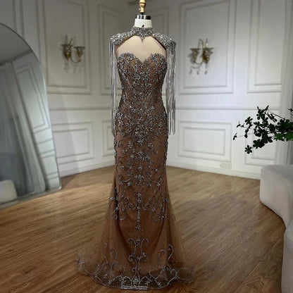 Dubai Caramel Mermaid Tassel Beaded Evening Dress with Cape LA72237A