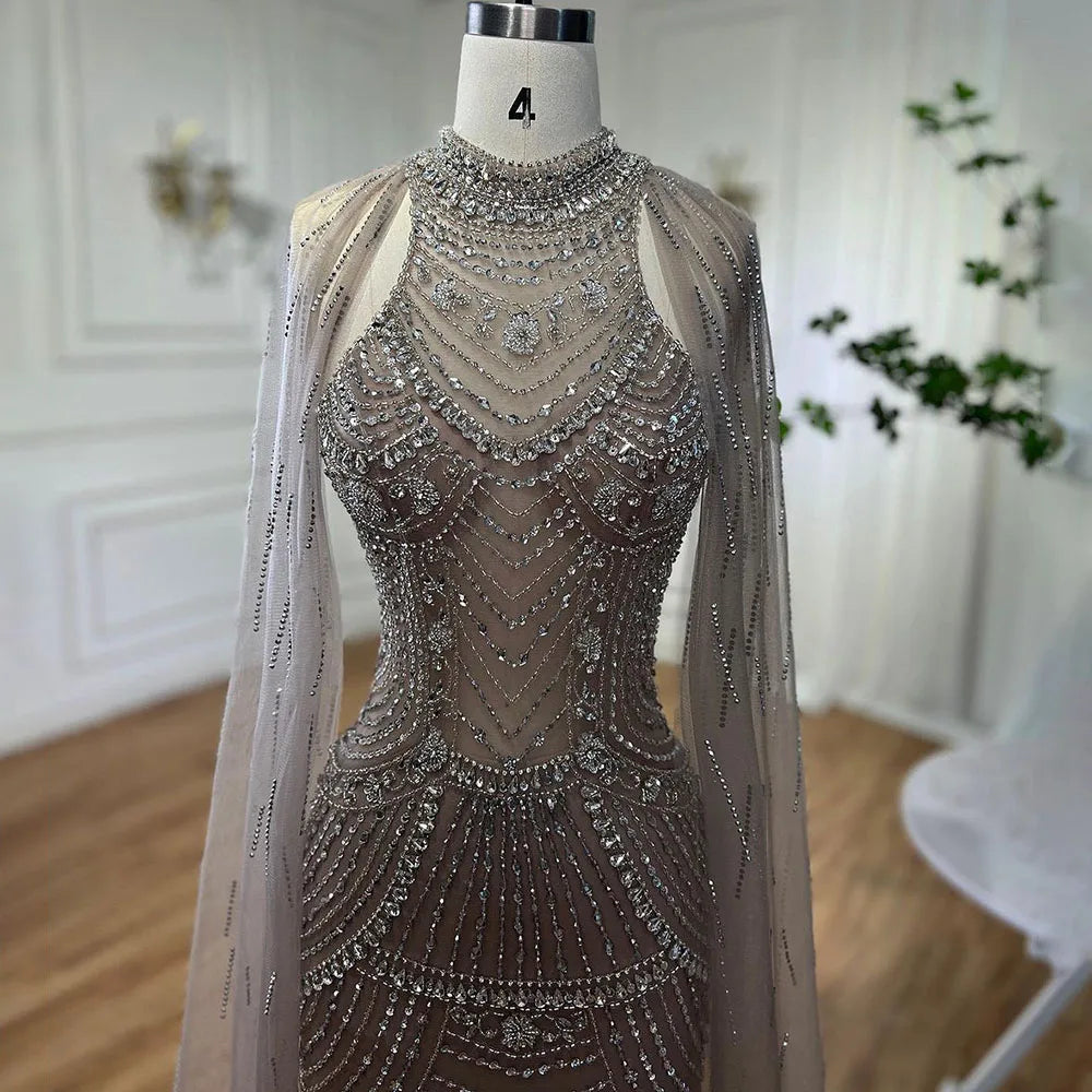 Saudi Caramel Beaded Mermaid Evening Dress with Cape Sleeves LA72138