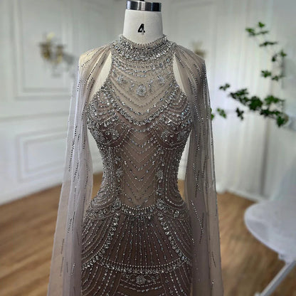 Saudi Caramel Beaded Mermaid Evening Dress with Cape Sleeves LA72138