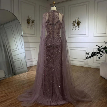 Saudi Caramel Beaded Mermaid Evening Dress with Cape Sleeves LA72138