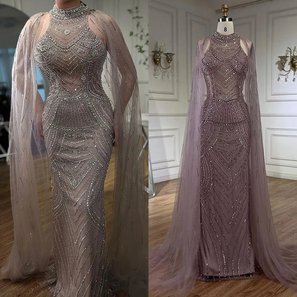 Saudi Caramel Beaded Mermaid Evening Dress with Cape Sleeves LA72138