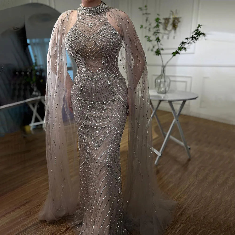 Saudi Caramel Beaded Mermaid Evening Dress with Cape Sleeves LA72138