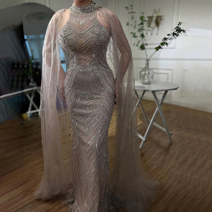Saudi Caramel Beaded Mermaid Evening Dress with Cape Sleeves LA72138