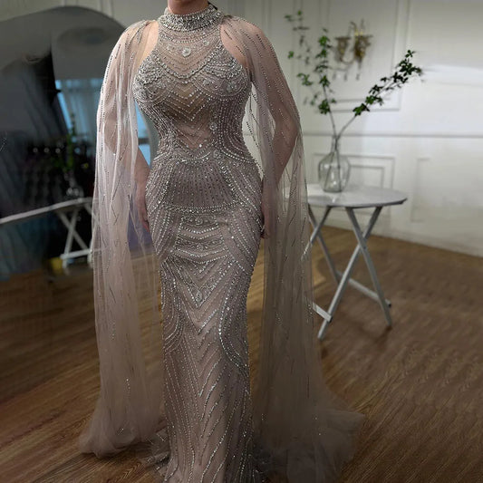 Saudi Caramel Beaded Mermaid Evening Dress with Cape Sleeves LA72138