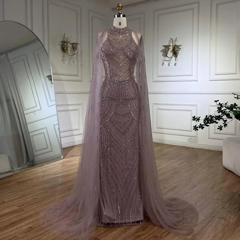 Saudi Caramel Beaded Mermaid Evening Dress with Cape Sleeves LA72138