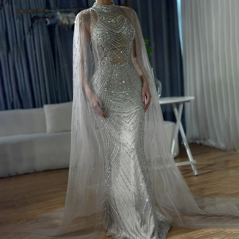 Saudi Caramel Beaded Mermaid Evening Dress with Cape Sleeves LA72138