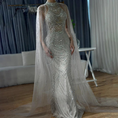 Saudi Caramel Beaded Mermaid Evening Dress with Cape Sleeves LA72138