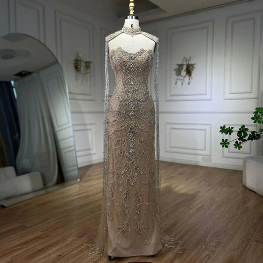 Luxury Nude Beaded Mermaid Evening Dress with Detachable Tassel Cape MN72237