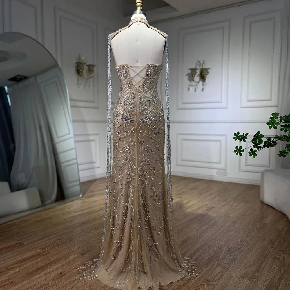 Luxury Nude Beaded Mermaid Evening Dress with Detachable Tassel Cape LA72237