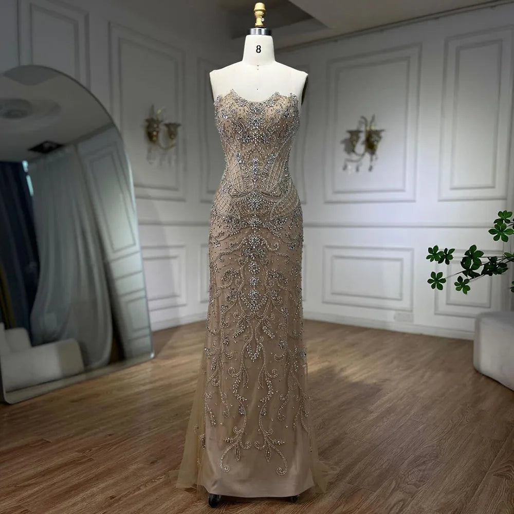 Luxury Nude Beaded Mermaid Evening Dress with Detachable Tassel Cape LA72237
