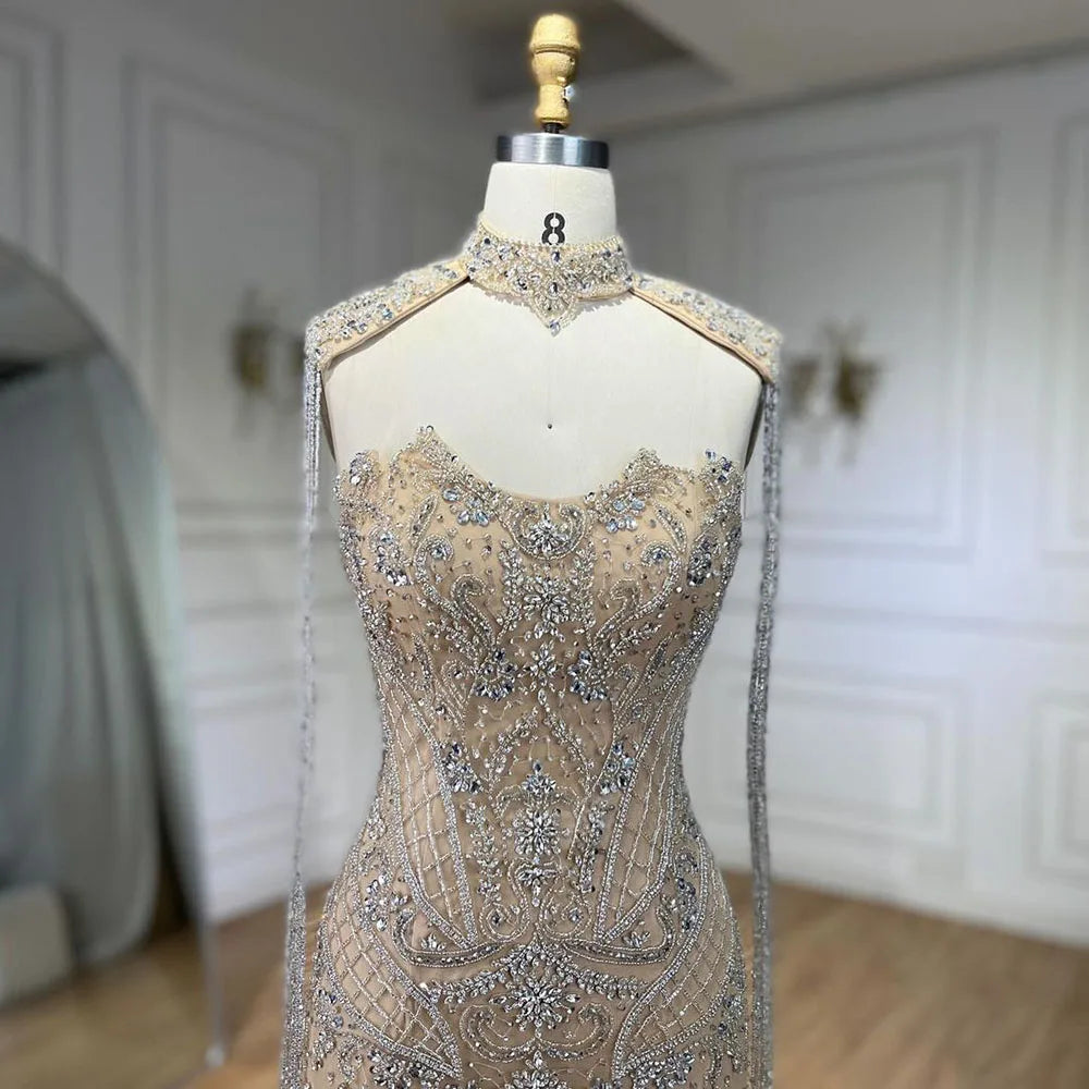 Luxury Nude Beaded Mermaid Evening Dress with Detachable Tassel Cape LA72237
