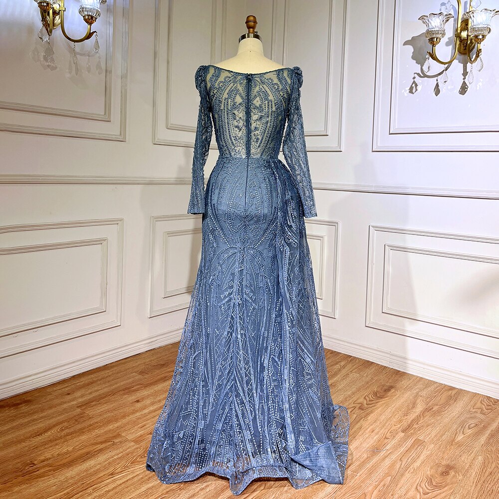 Blue Elegant Modest Beaded Evening Dress Gowns For Wedding Guest LA71833