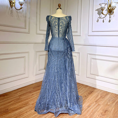Blue Elegant Modest Beaded Evening Dress Gowns For Wedding Guest LA71833