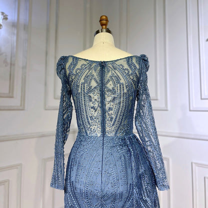 Blue Elegant Modest Beaded Evening Dress Gowns For Wedding Guest LA71833