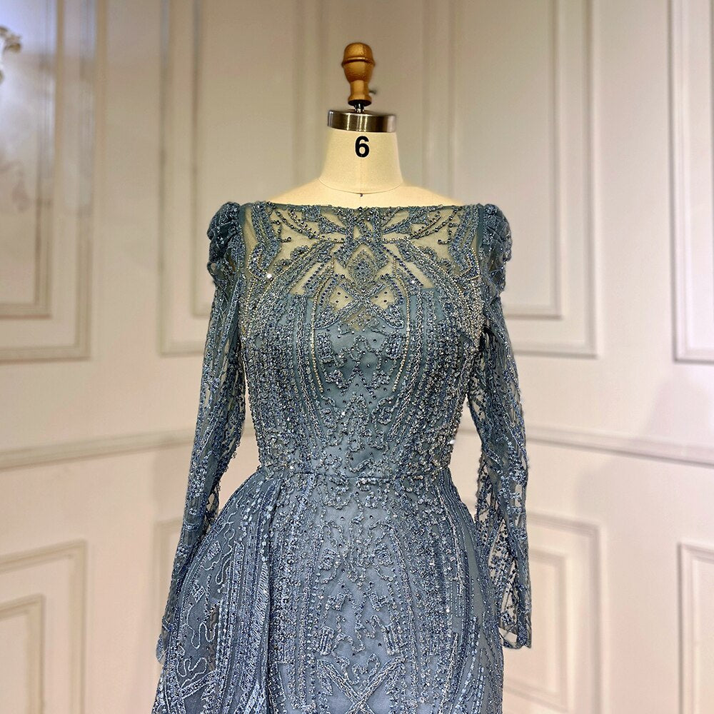 Blue Elegant Modest Beaded Evening Dress Gowns For Wedding Guest LA71833