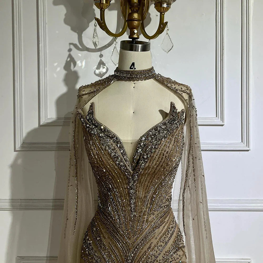 Luxury Caramel Feathers Beaded Evening Dress with Cape for Formal Occasion LA72882
