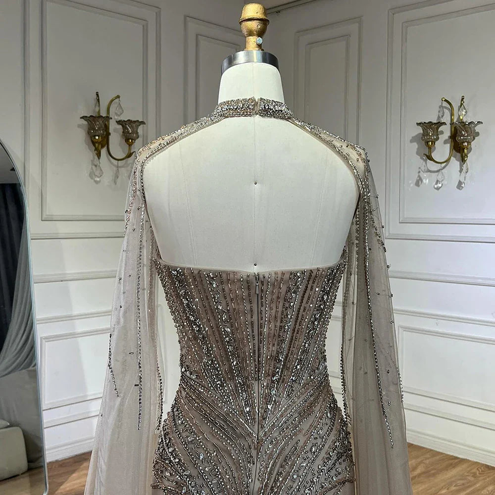 Luxury Caramel Feathers Beaded Evening Dress with Cape for Formal Occasion LA72882