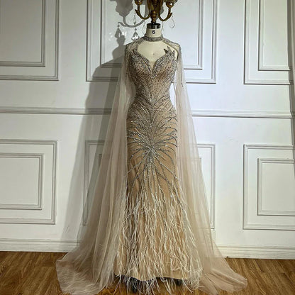 Luxury Caramel Feathers Beaded Evening Dress with Cape for Formal Occasion LA72882