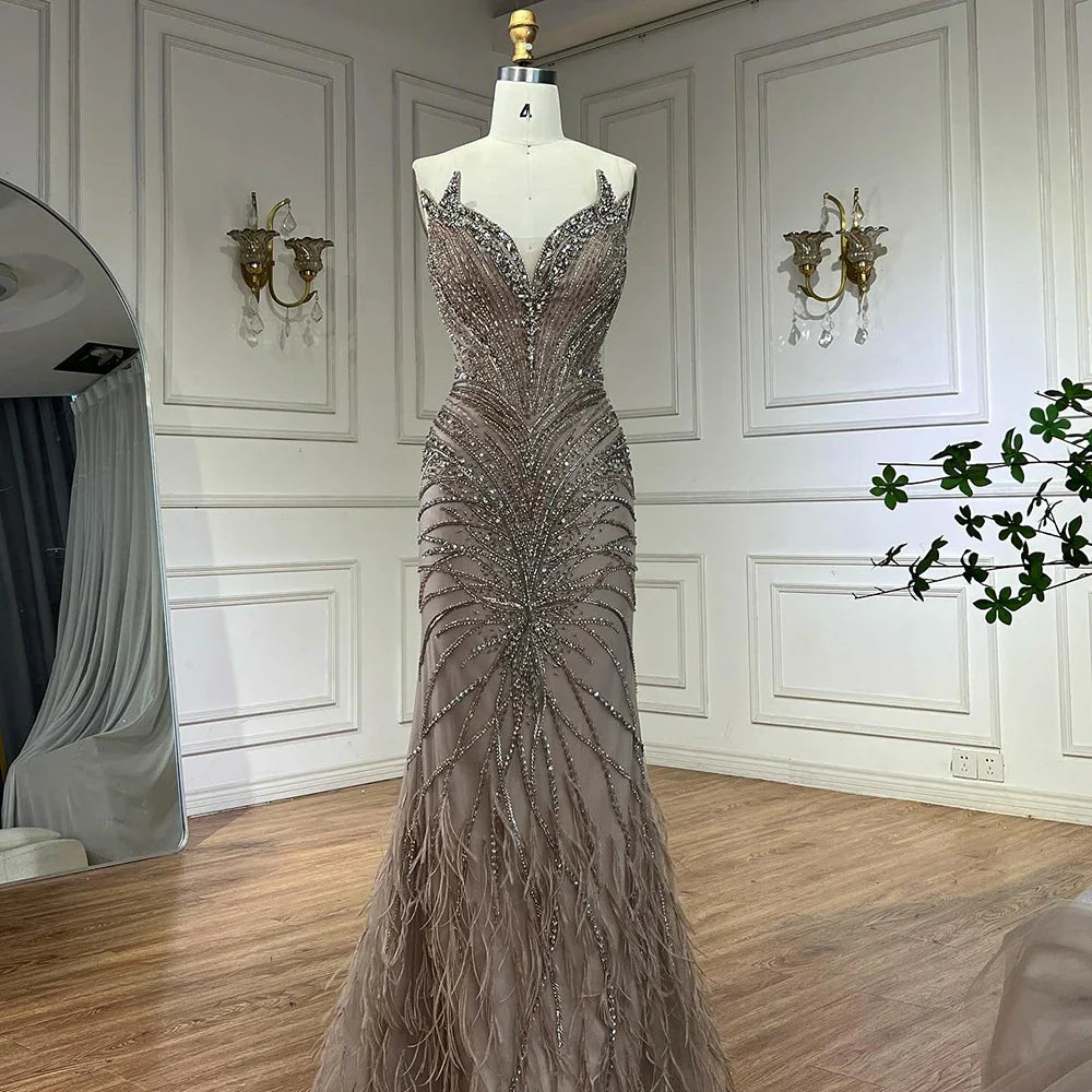 Luxury Caramel Feathers Beaded Evening Dress with Cape for Formal Occasion LA72882