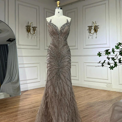 Luxury Caramel Feathers Beaded Evening Dress with Cape for Formal Occasion LA72882