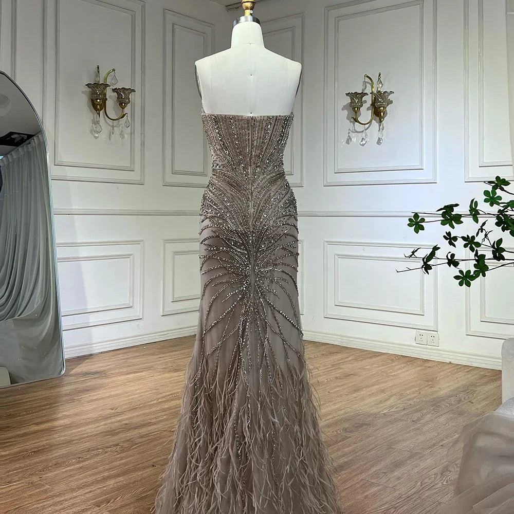 Luxury Caramel Feathers Beaded Evening Dress with Cape for Formal Occasion LA72882