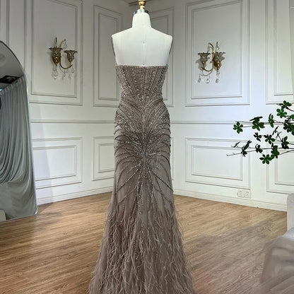 Luxury Caramel Feathers Beaded Evening Dress with Cape for Formal Occasion LA72882