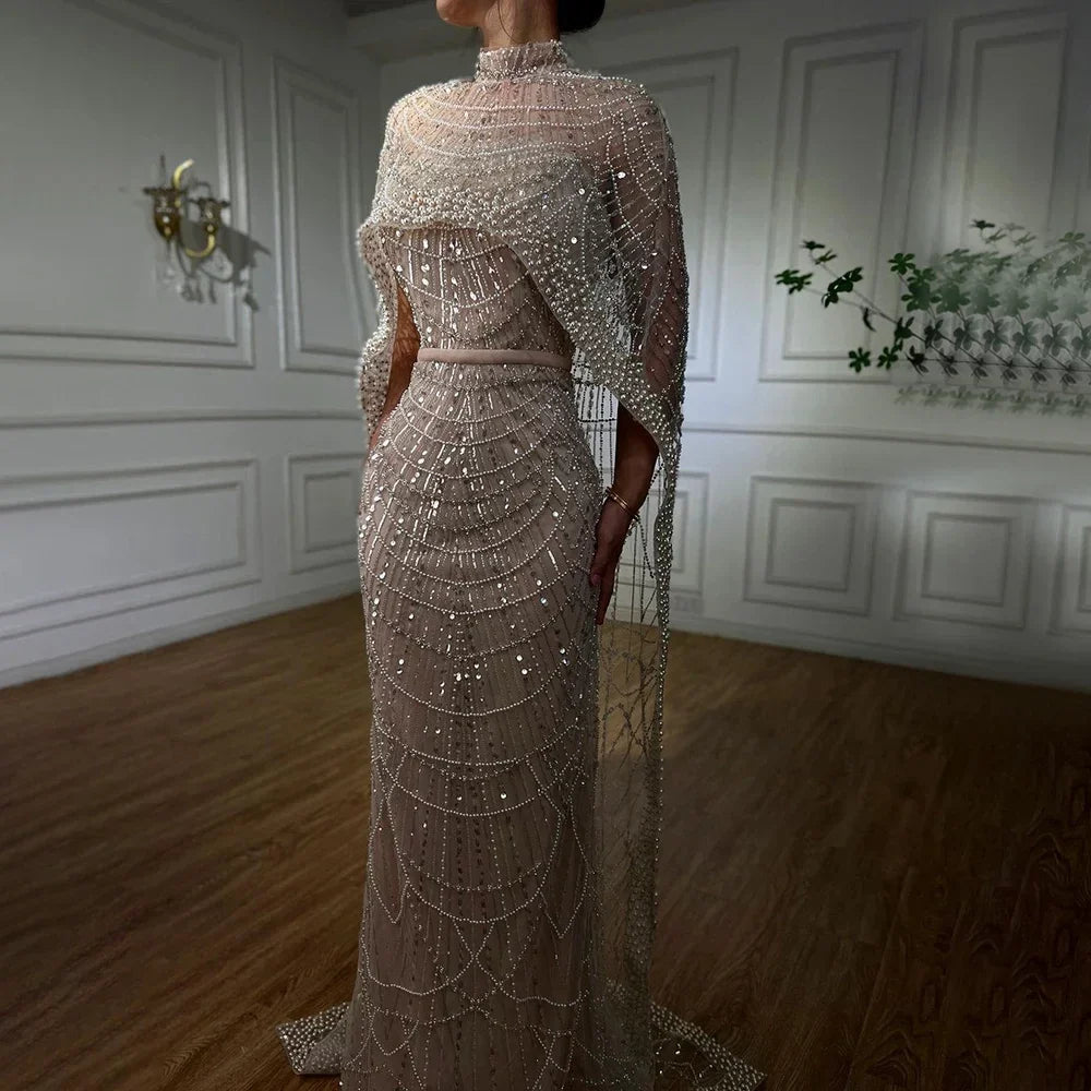 Pearl Beaded Nude Luxury Arabic Strapless Evening Dress with Cape LA72032