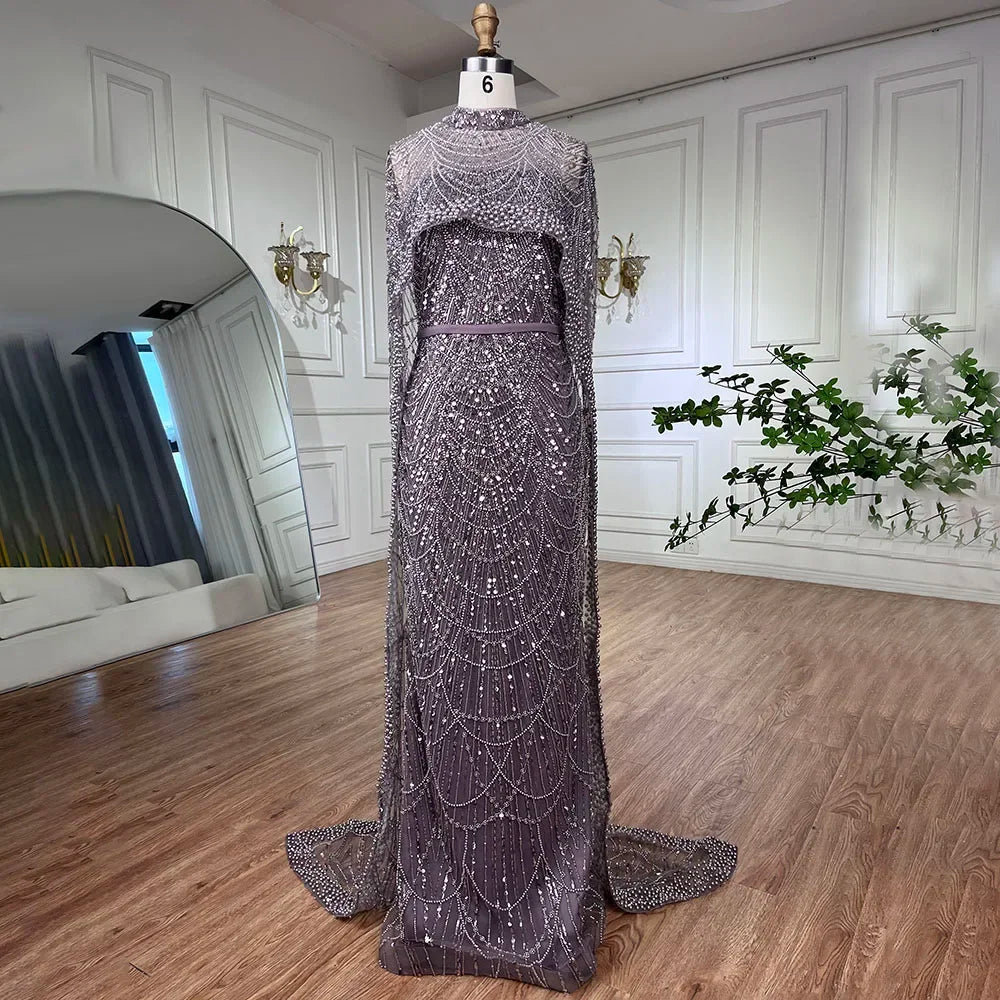 Pearl Beaded Nude Luxury Arabic Strapless Evening Dress with Cape LA72032