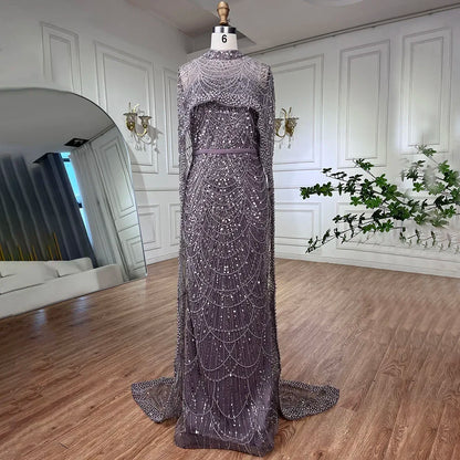 Pearl Beaded Nude Luxury Arabic Strapless Evening Dress with Cape LA72032