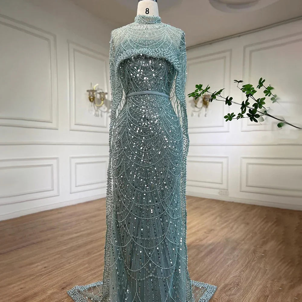 Pearl Beaded Nude Luxury Arabic Strapless Evening Dress with Cape LA72032