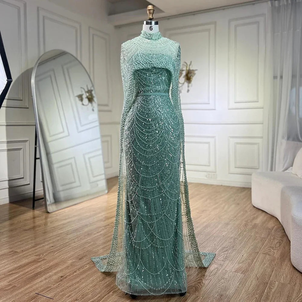 Pearl Beaded Nude Luxury Arabic Strapless Evening Dress with Cape LA72032
