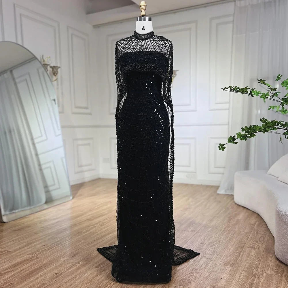 Pearl Beaded Nude Luxury Arabic Strapless Evening Dress with Cape LA72032