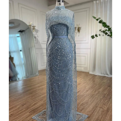 Pearl Beaded Nude Luxury Arabic Strapless Evening Dress with Cape LA72032