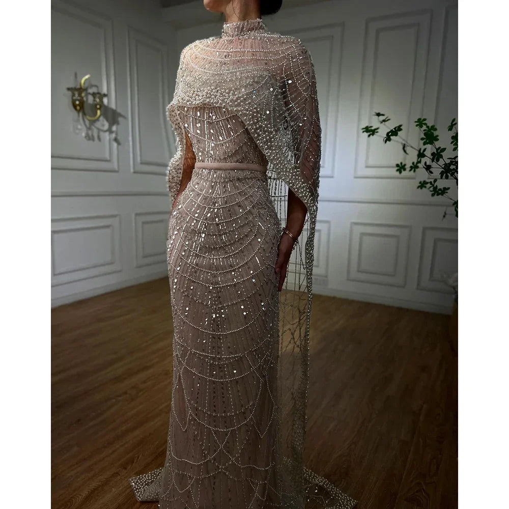 Pearl Beaded Nude Luxury Arabic Strapless Evening Dress with Cape LA72032