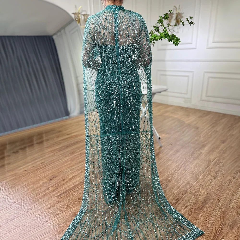 Pearl Beaded Nude Luxury Arabic Strapless Evening Dress with Cape LA72032