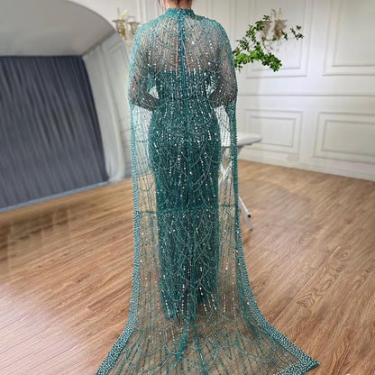 Pearl Beaded Nude Luxury Arabic Strapless Evening Dress with Cape LA72032