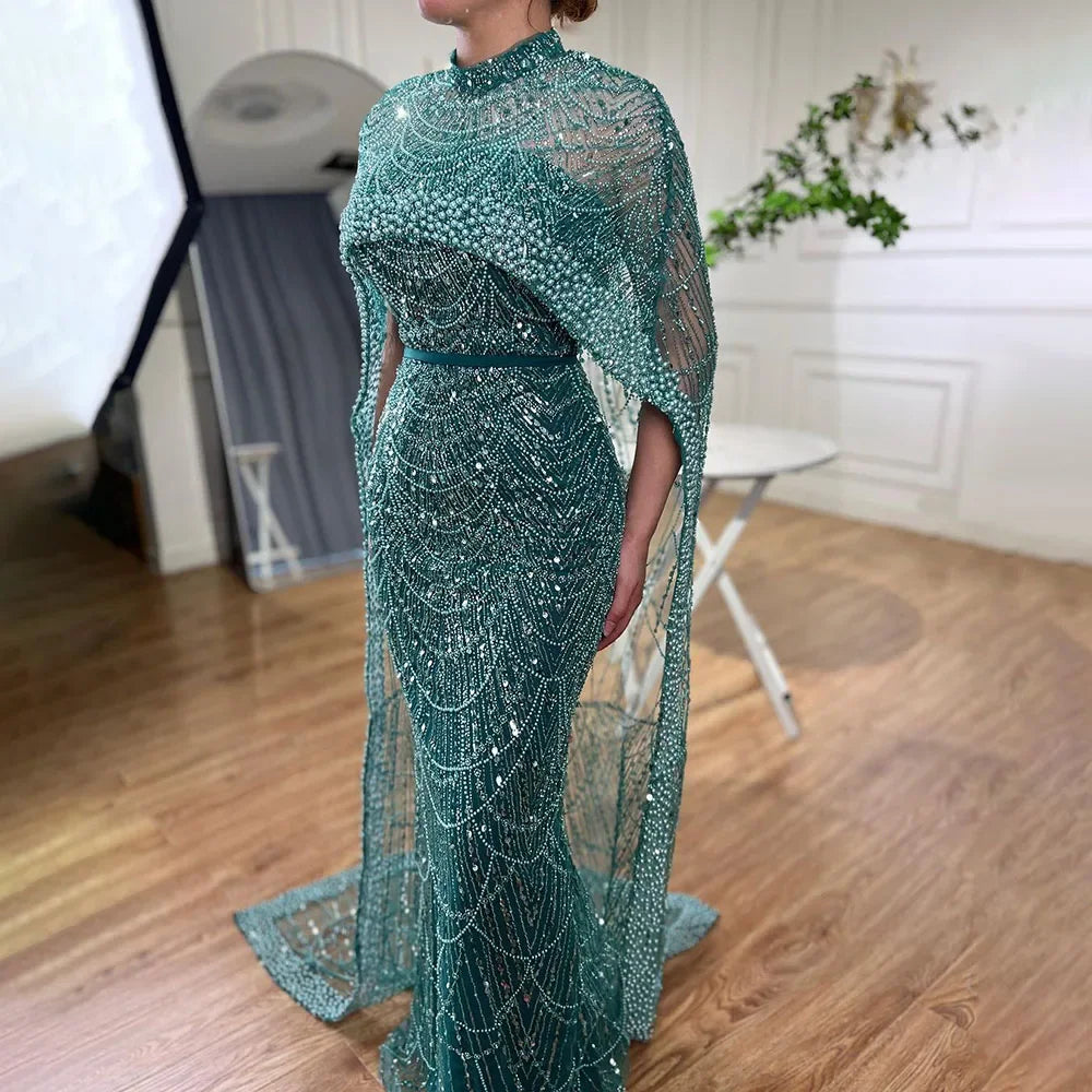 Pearl Beaded Nude Luxury Arabic Strapless Evening Dress with Cape LA72032