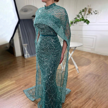 Pearl Beaded Nude Luxury Arabic Strapless Evening Dress with Cape LA72032