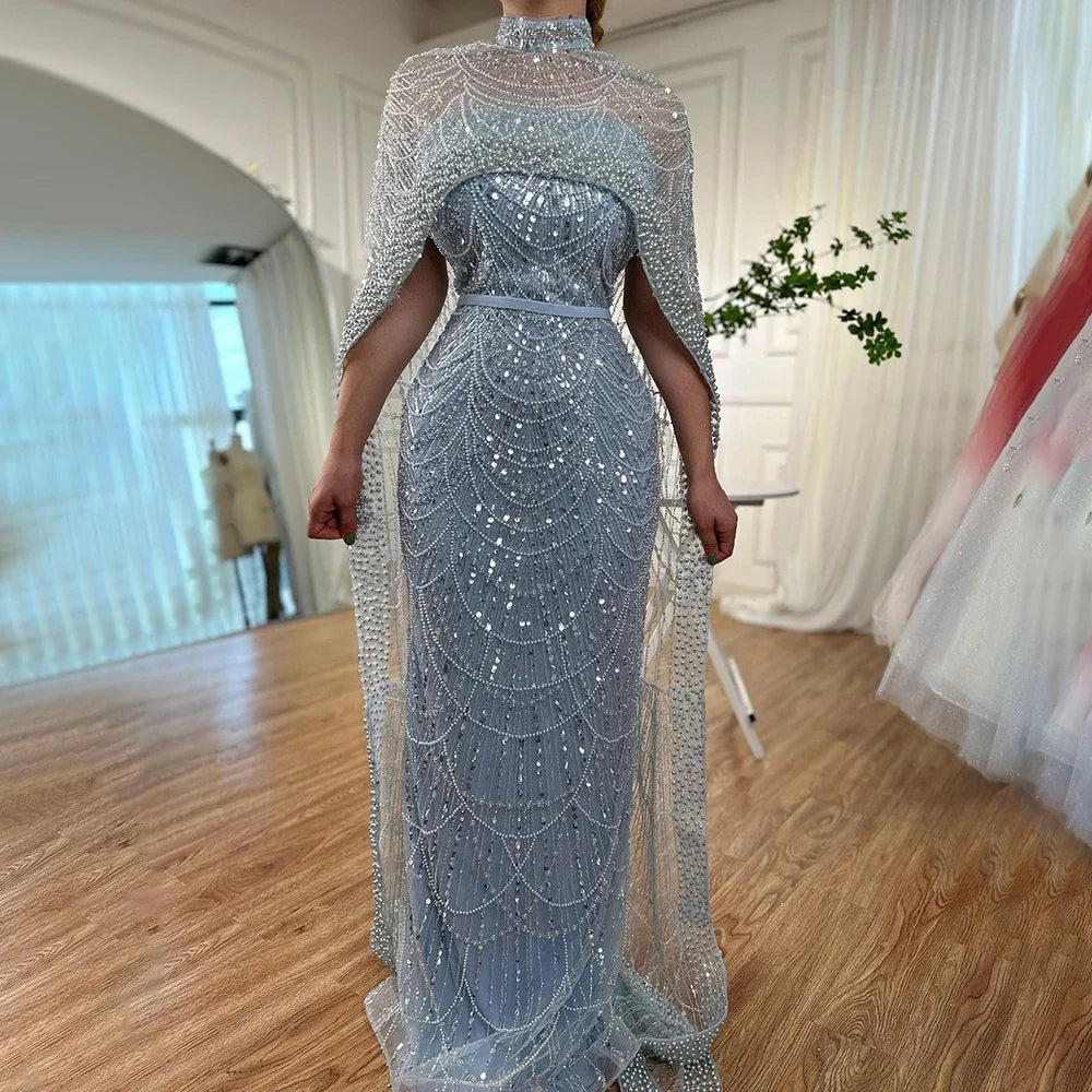 Pearl Beaded Nude Luxury Arabic Strapless Evening Dress with Cape LA72032