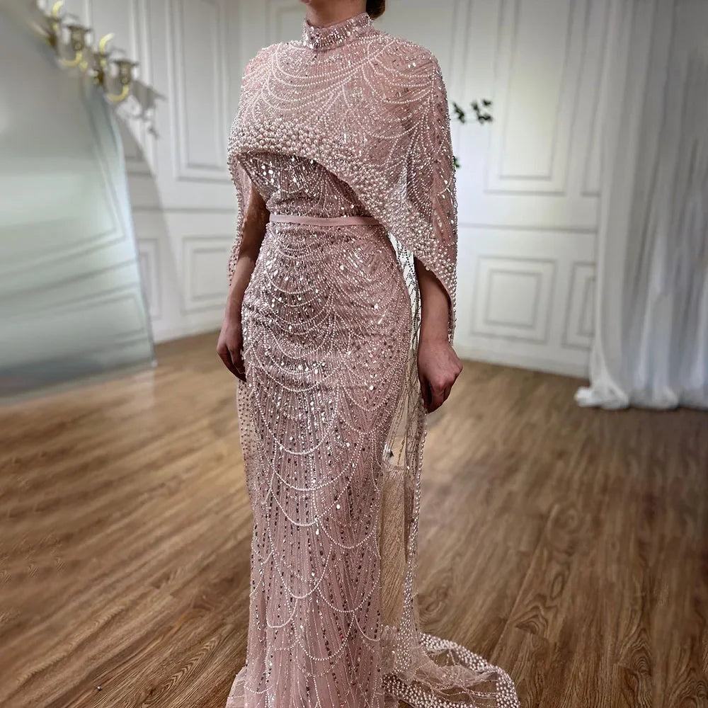 Pearl Beaded Nude Luxury Arabic Strapless Evening Dress with Cape LA72032
