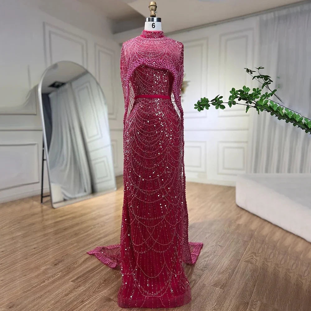 Pearl Beaded Nude Luxury Arabic Strapless Evening Dress with Cape LA72032