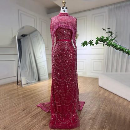 Pearl Beaded Nude Luxury Arabic Strapless Evening Dress with Cape LA72032