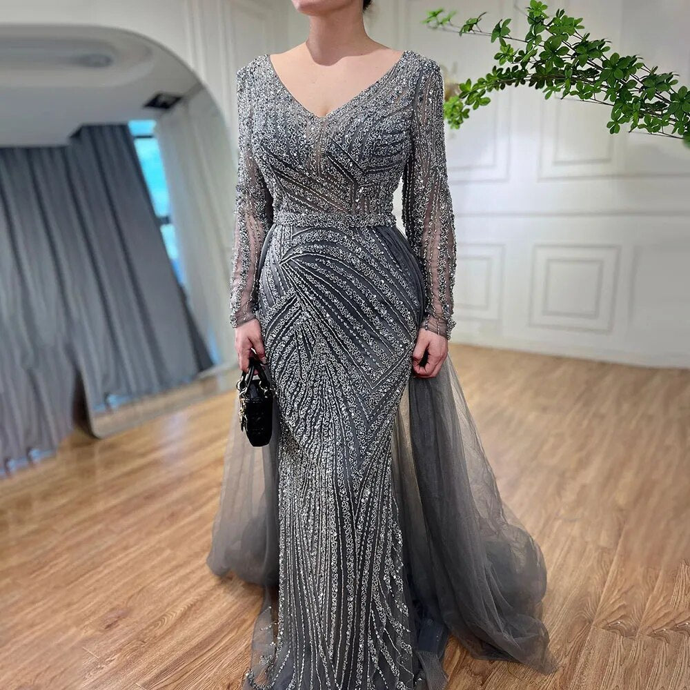 Beaded Green Luxury Evening Dresses with Detachable Tulle Skirt LA71750