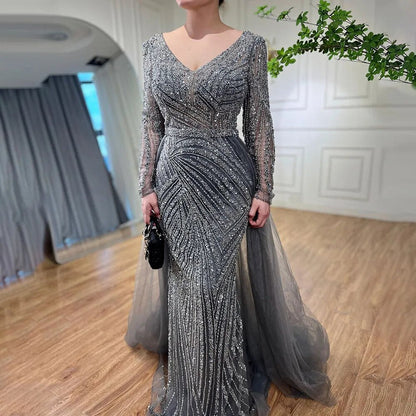 Beaded Green Luxury Evening Dresses with Detachable Tulle Skirt LA71750