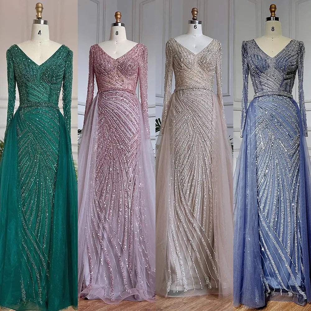Beaded Green Luxury Evening Dresses with Detachable Tulle Skirt LA71750